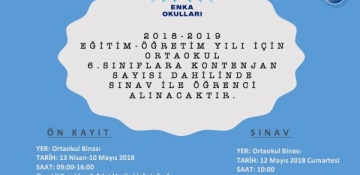 2018-2019 Eğitim-Öğretim Yılı 6. Sınıflara Kontenjan Dahilinde Sınav ile Öğrenci Alınması