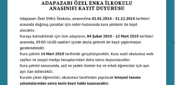ADAPAZARI ÖZEL ENKA İLKOKULU ANASINIFI KAYIT DUYURUSU