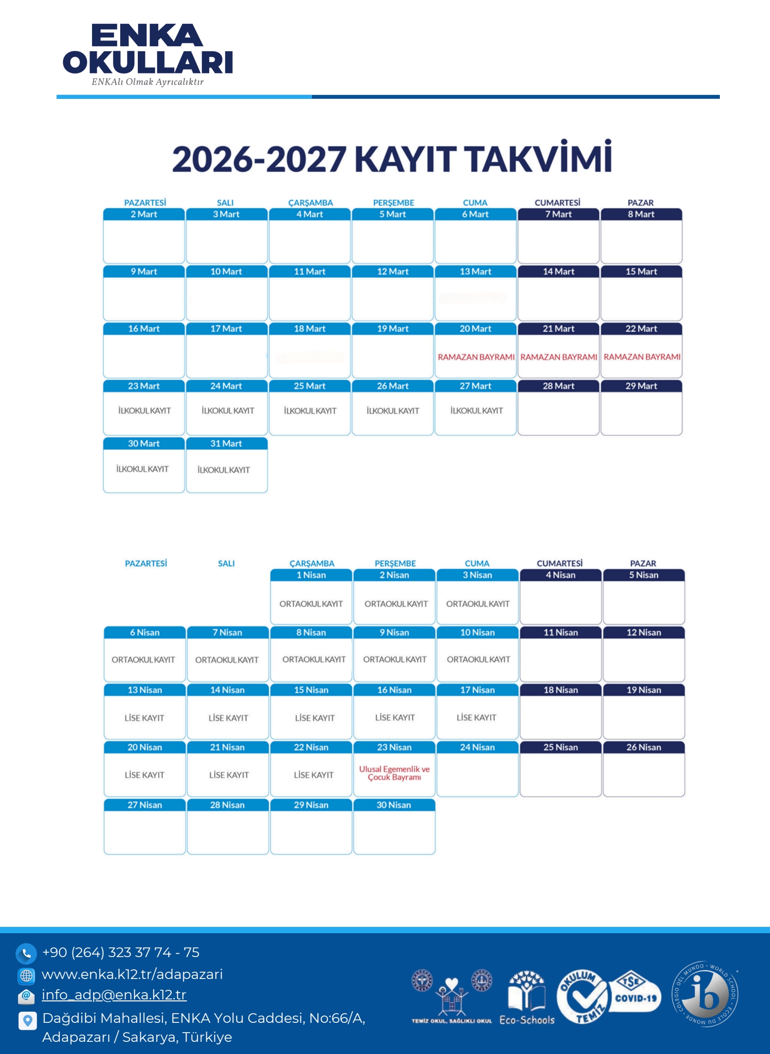 Adapazarı ENKA Okulları 2026-2027 Kayıt Kabul Takvimid